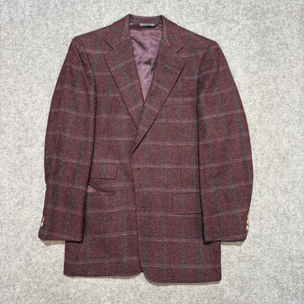 Austin Reed Mens Burgundy Windowpane Plaid Wool Tweed Blazer Jacket UK Fabric